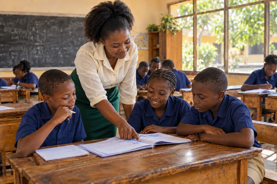 Une enseignante africaine accompagne ses élèves dans leur travail en classe.