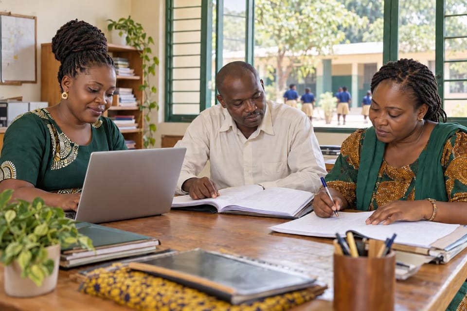 Des membres d'une équipe pédagogique africaine préparent ensemble le suivi de leur école.